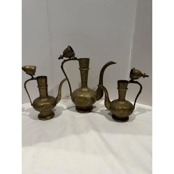 Lot of 3 Antique Brass Middle Eastern Dallah Coffee Tea Pots Turkish Kettle - Picture 10 of 14